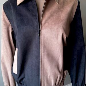 Da-Rue 3pc Taupe Black Ultrasuede Suit Set Pinstripe Pants 12P-14P USA